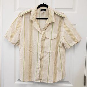 Tapestry, short sleeve, button down, peach, green stripe blouse, SZ Large